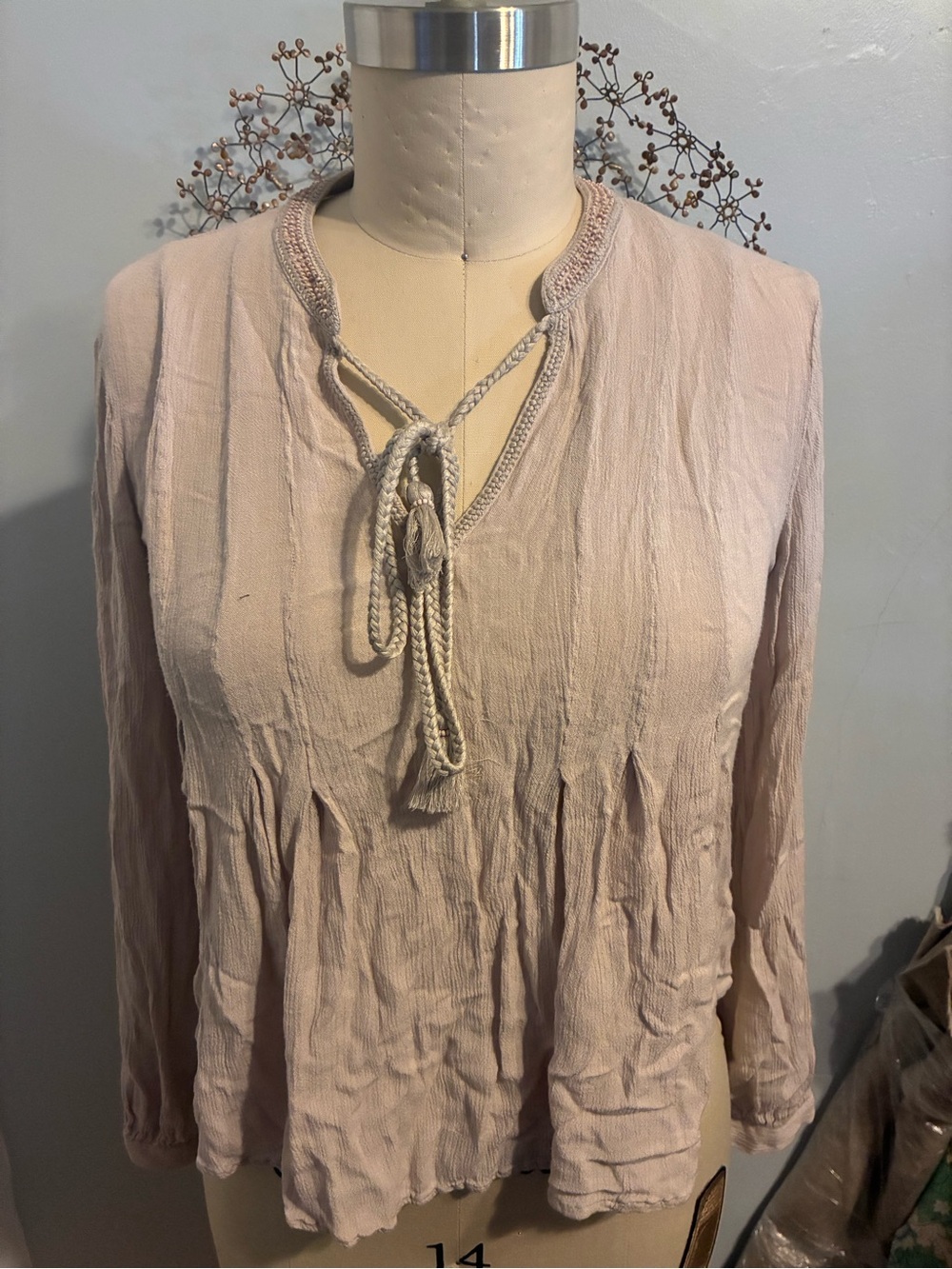 Anthropologie Floreat Women's Tie-Front Long Sleeve Blouse - Blush Pink
